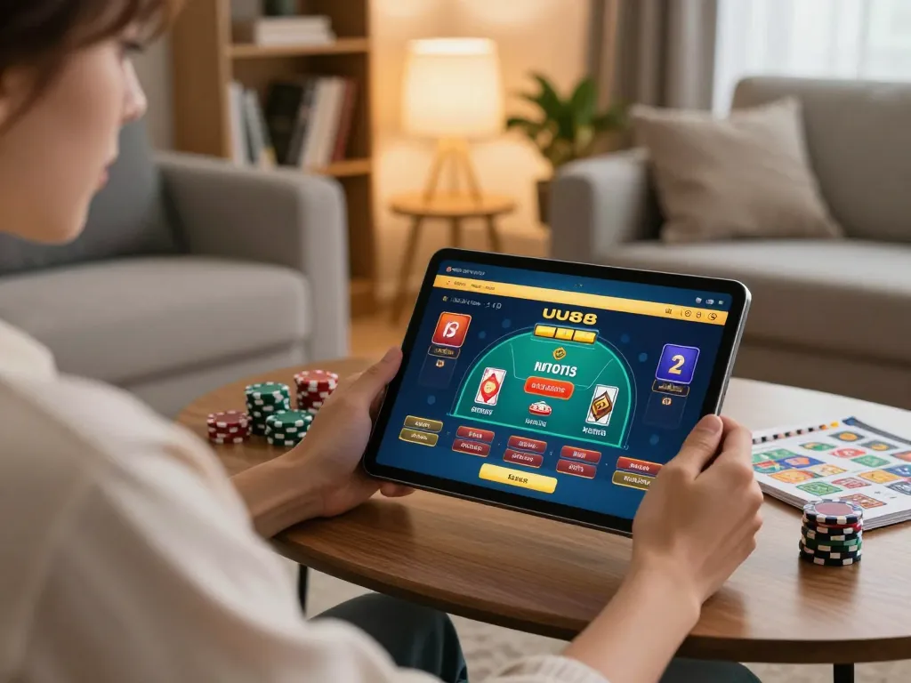 Engaged player exploring uu88 casino on a tablet, showcasing responsible gameplay strategy.