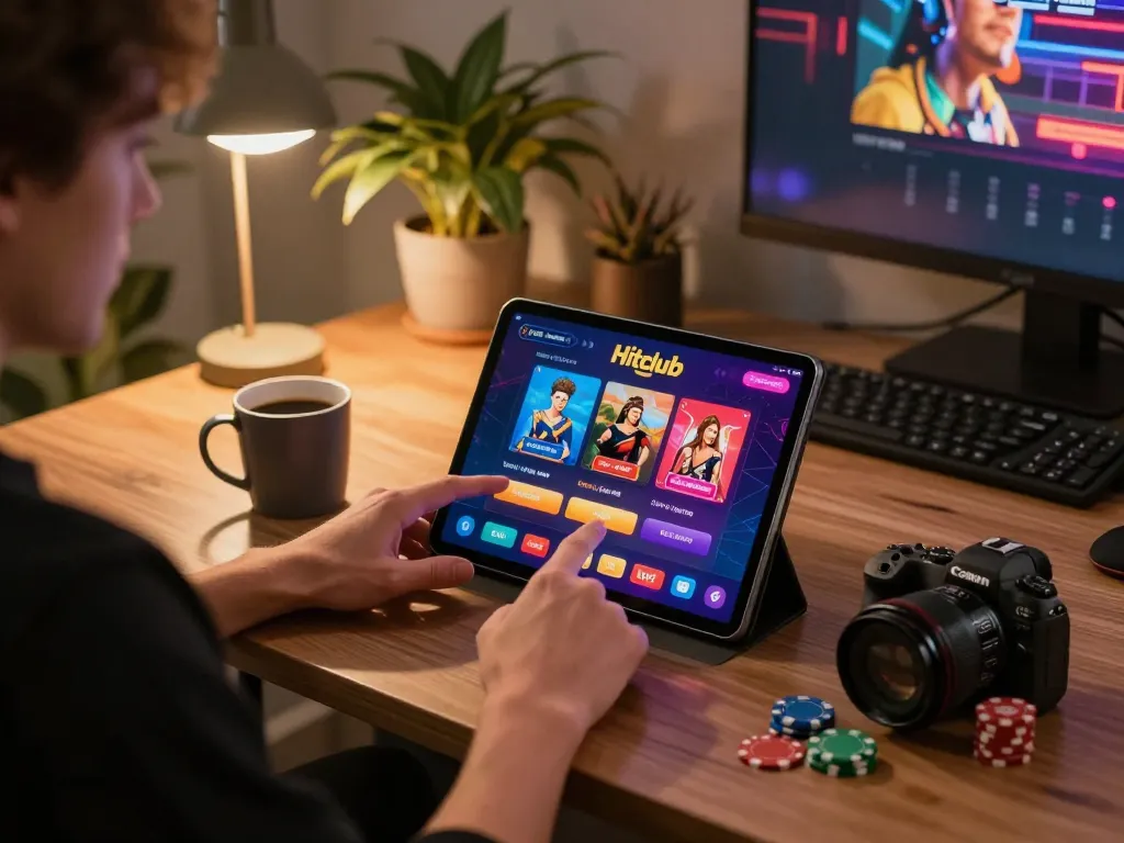 Engaging gameplay on Hitclub casino app from a modern home setup featuring tablets and chips