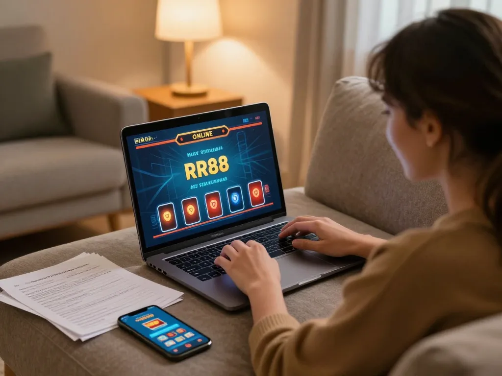 Player engaging in online casino gaming through RR88 app on laptop in cozy home setup