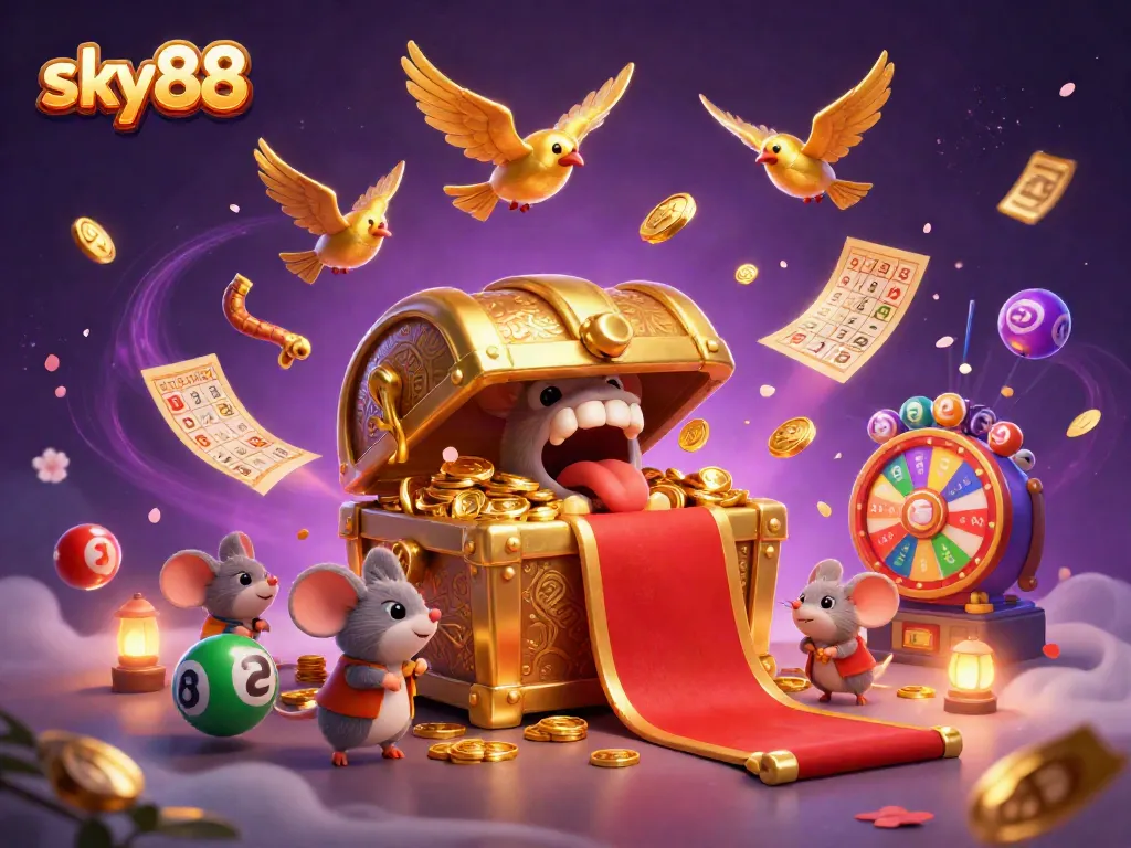 Experience sky88 gaming thrills with vibrant lottery balls and dynamic prizes in a lively casino illustration.