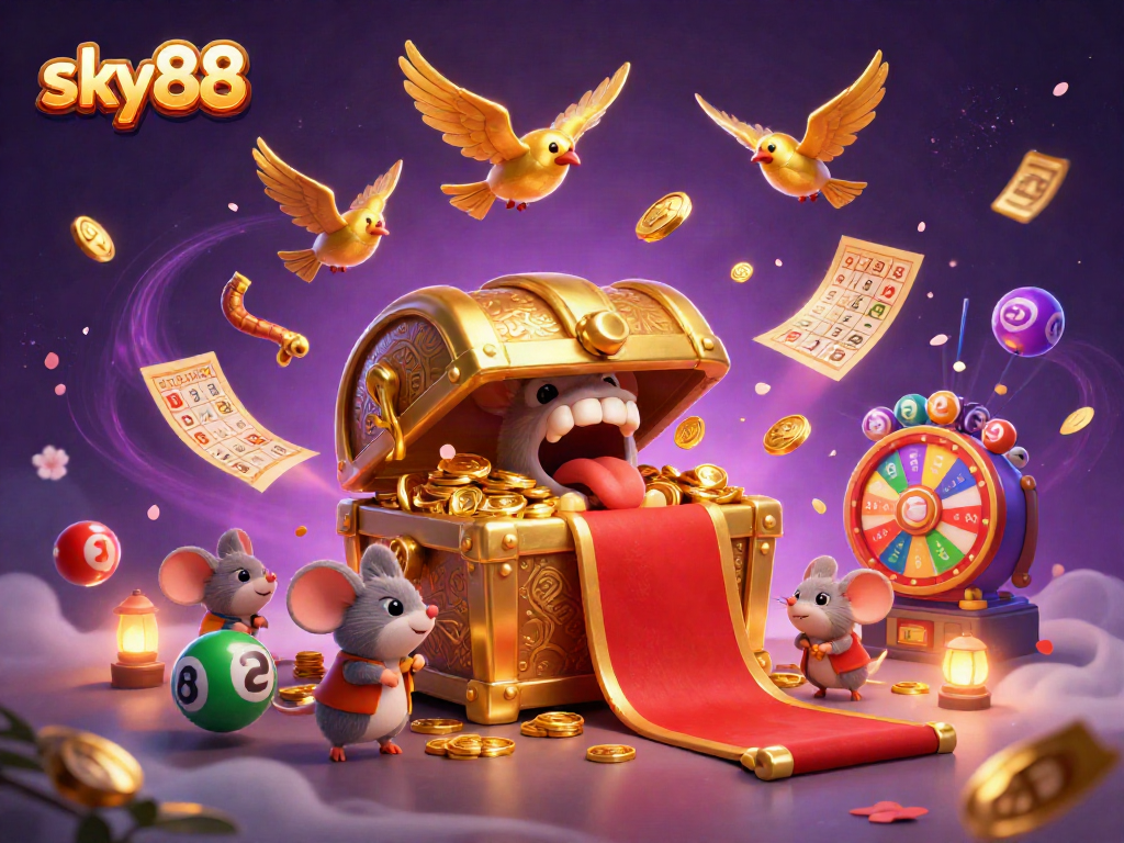 Experience sky88 gaming thrills with vibrant lottery balls and dynamic prizes in a lively casino illustration.
