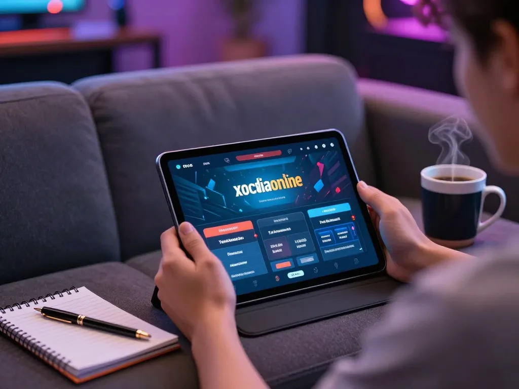 Engaging with xocdiaonline on tablet in a cozy home setting, illustrating responsible gaming.