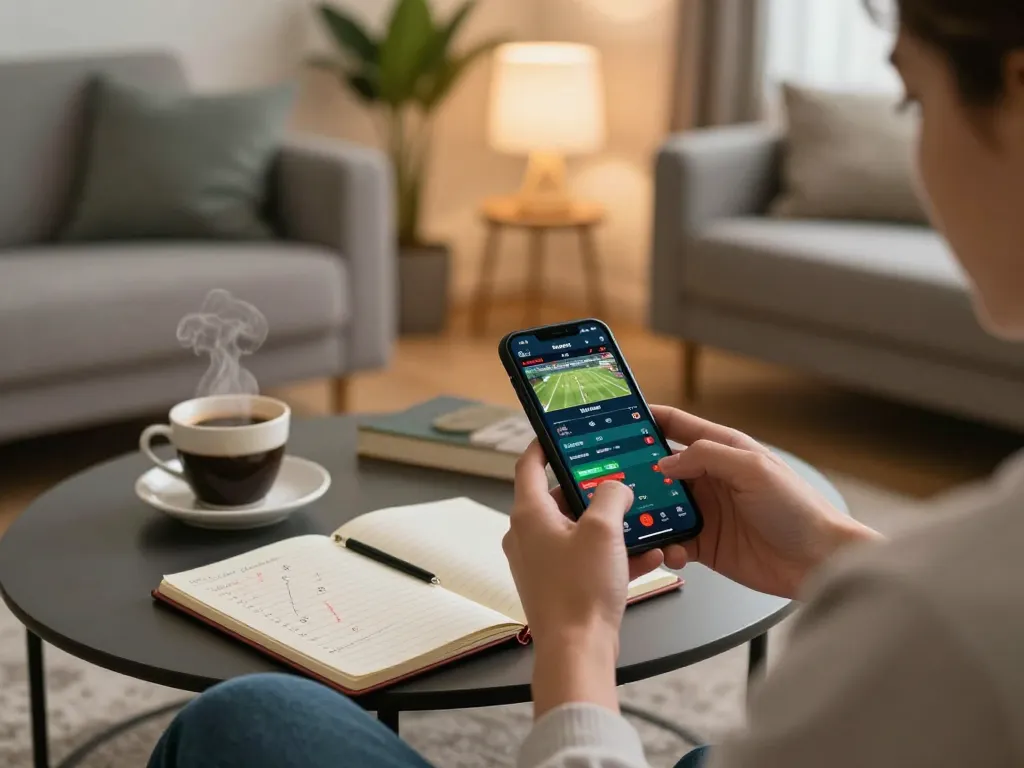 Person placing bets on fabet mobile app while relaxing at home, illustrating responsible gambling.