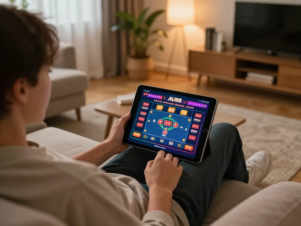Engaging in online gambling on AU88 net tablet, relaxing at home with cozy atmosphere.