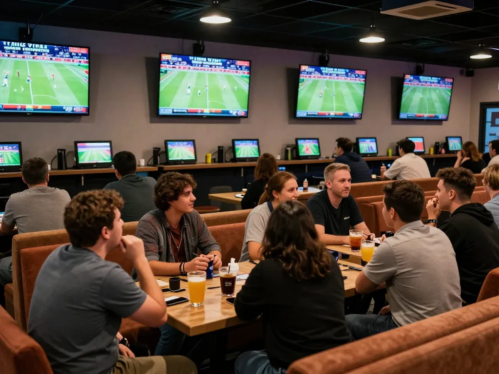 Socolive sports bettors enjoying live football matches in a vibrant betting lounge atmosphere.