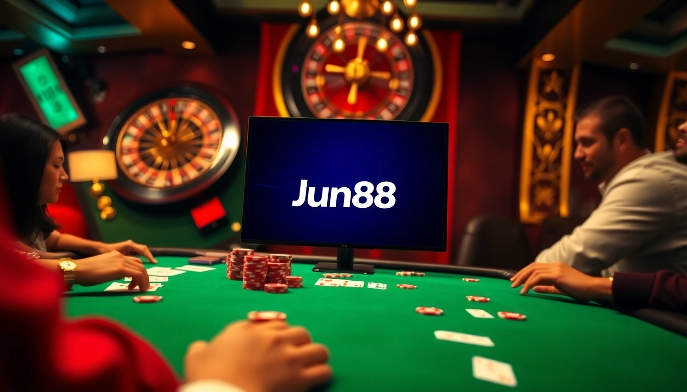 Exciting poker scene at Jun88 casino with vibrant chips and cards on a luxury green felt table.