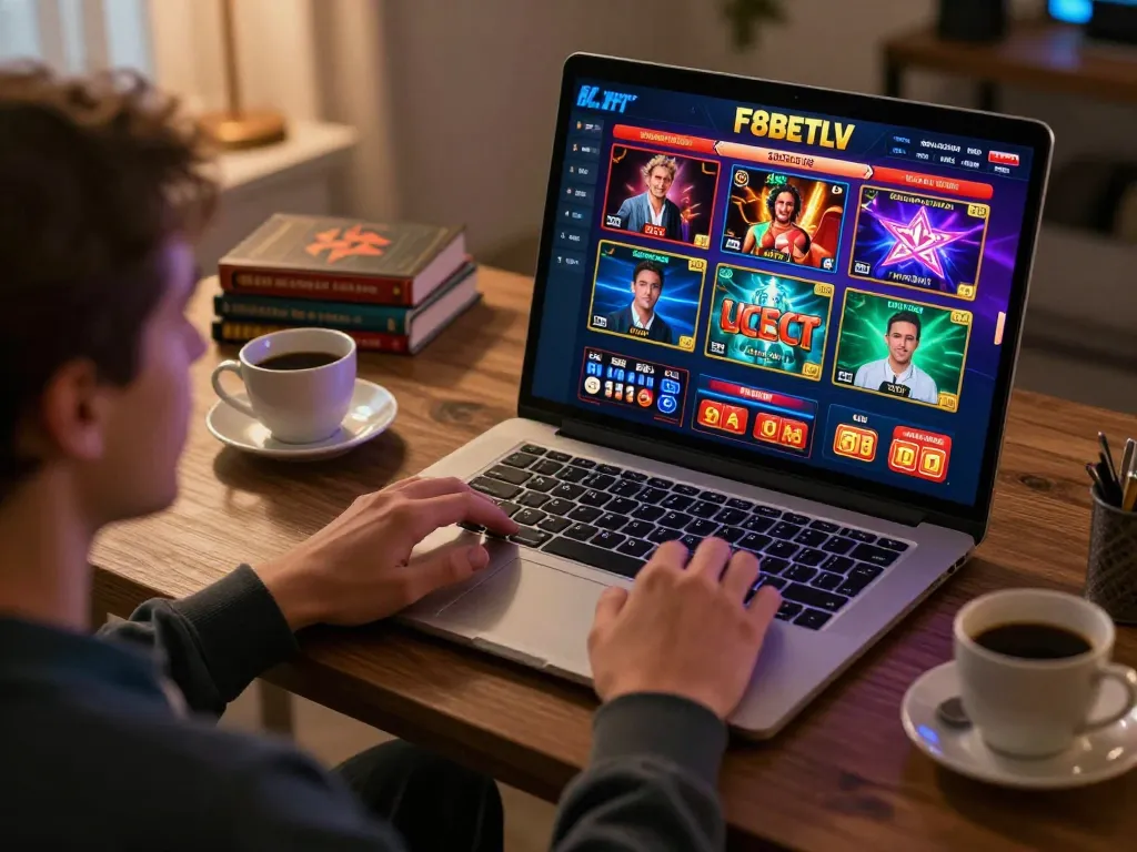 Engaging in strategic online gambling at F8BETLV, showcasing a cozy home gaming setup.