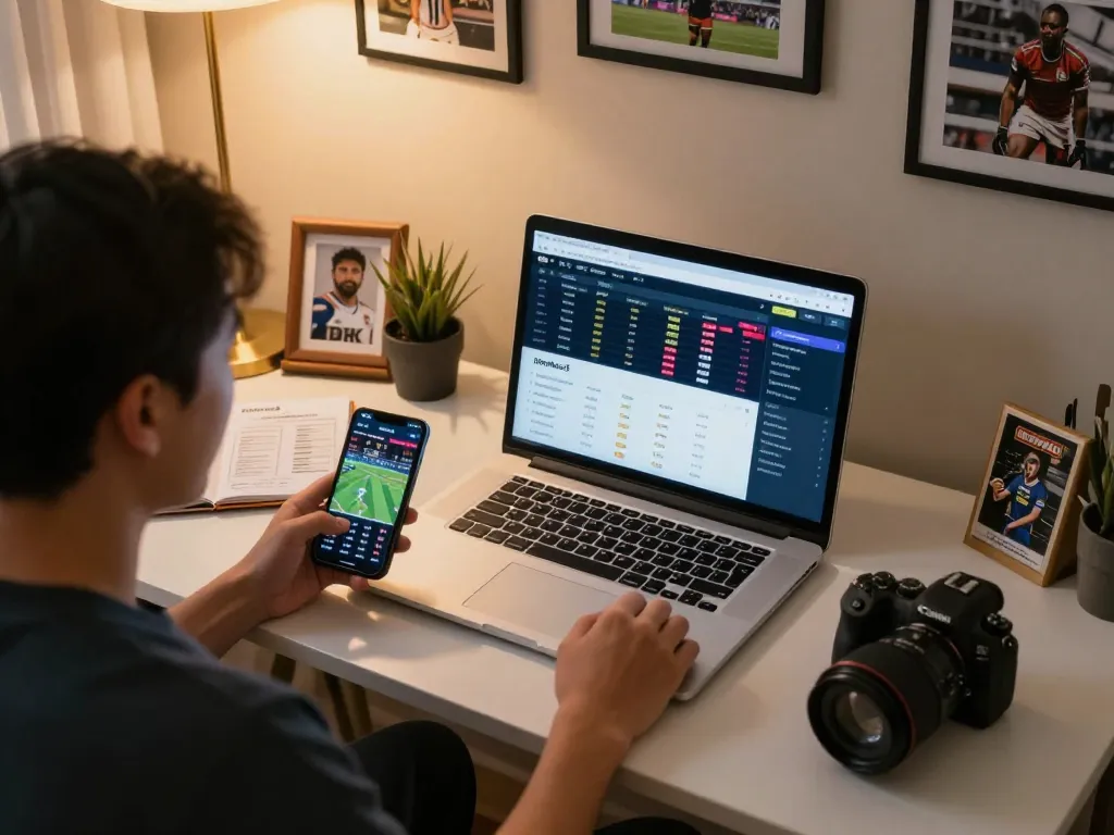 Person engaged in online sports betting on keonhacai5, analyzing odds and strategies in a comfortable setting.