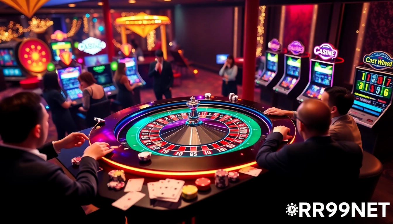 Experience the thrill of betting at RR99NET with a dynamic casino scene highlighting excitement and luxury.