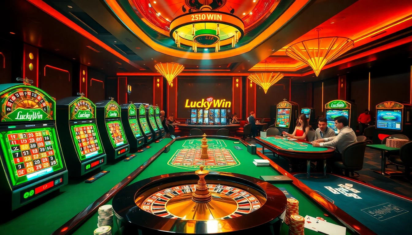 Players are winning at the LuckyWin casino tables filled with chips and excitement.