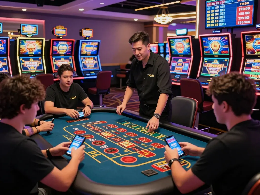 Dynamic TR88 casino gaming scene with players at roulette and slot machines.