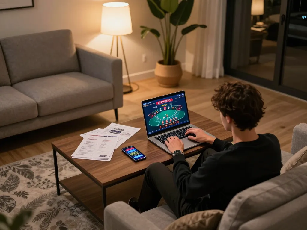Engaging online gaming at https://www.atqvn.com/ showcasing a player enjoying blackjack in a cozy living room.