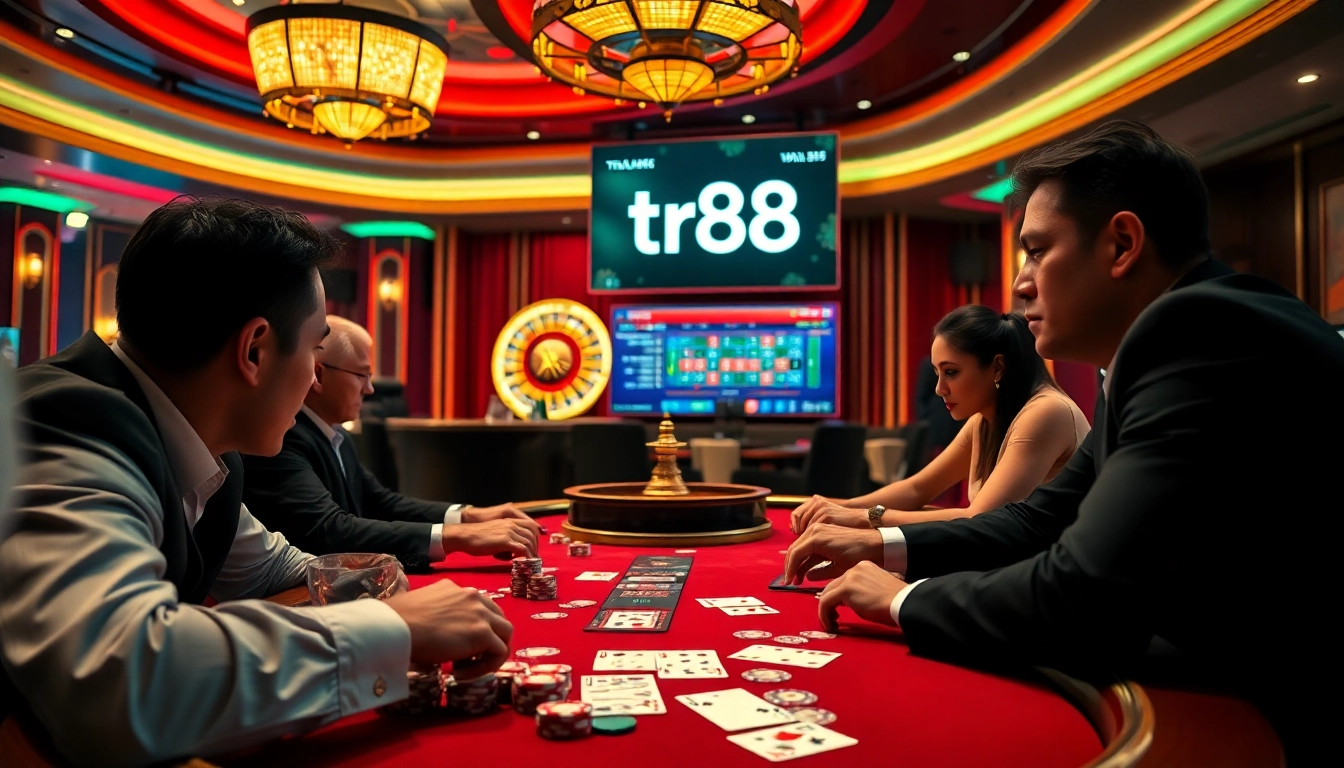 Engage in thrilling poker action at tr88, showcasing vibrant casino chips and cards in a luxurious setting.