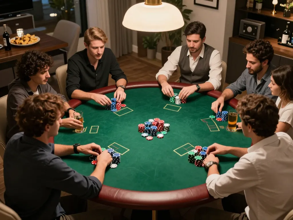 Engaged players at a home poker night highlighting the exciting trang chủ nk88 atmosphere with competitive gameplay.