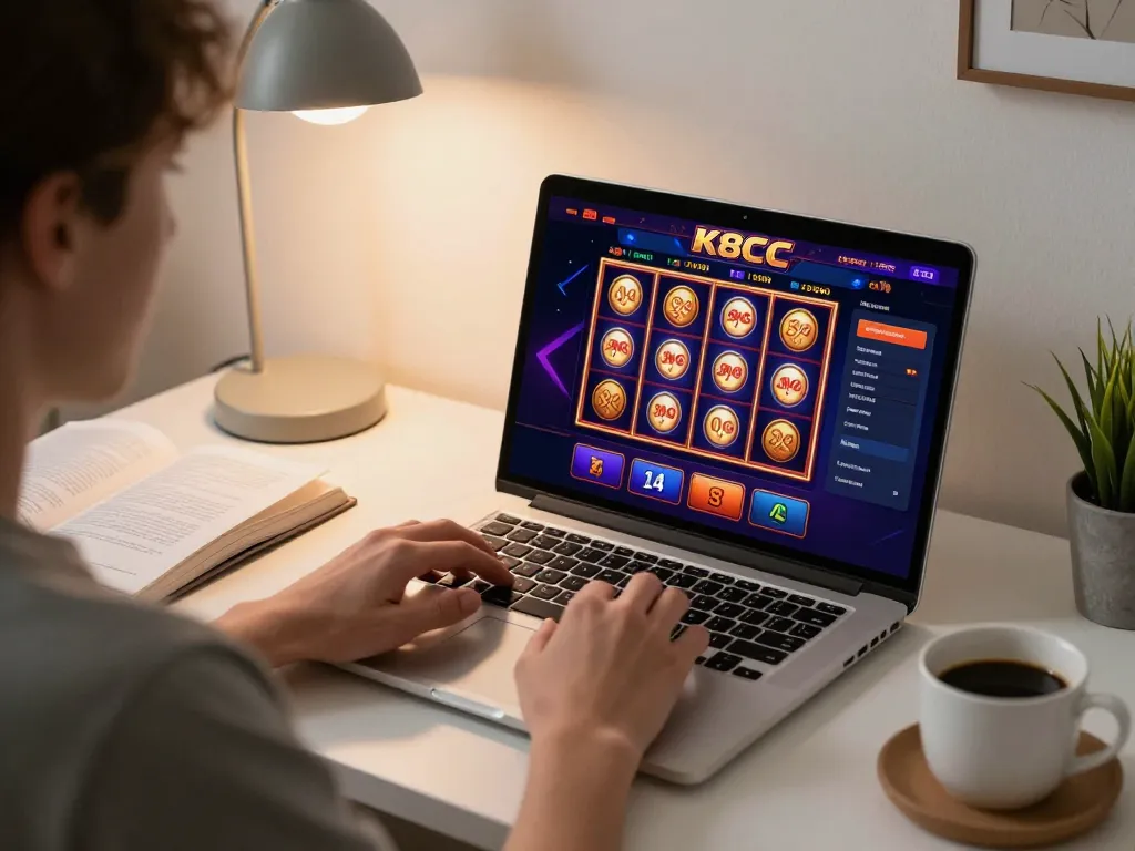 K8CC online gaming experience with a player engaging with slots and poker from a cozy workspace.