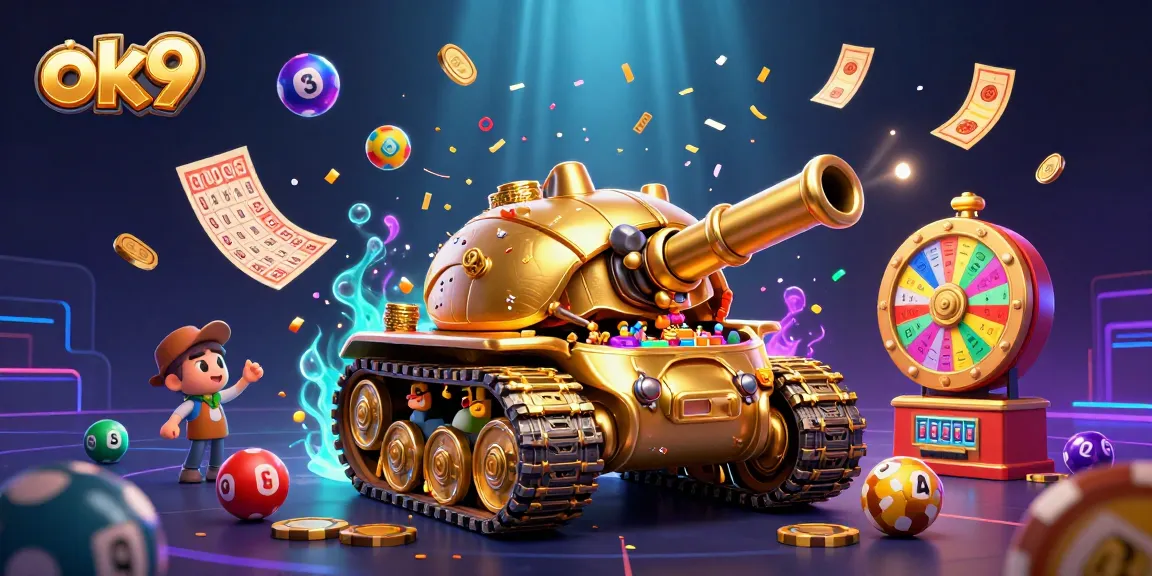 Experience ok9's vibrant casino world filled with golden confetti and playful lottery elements.