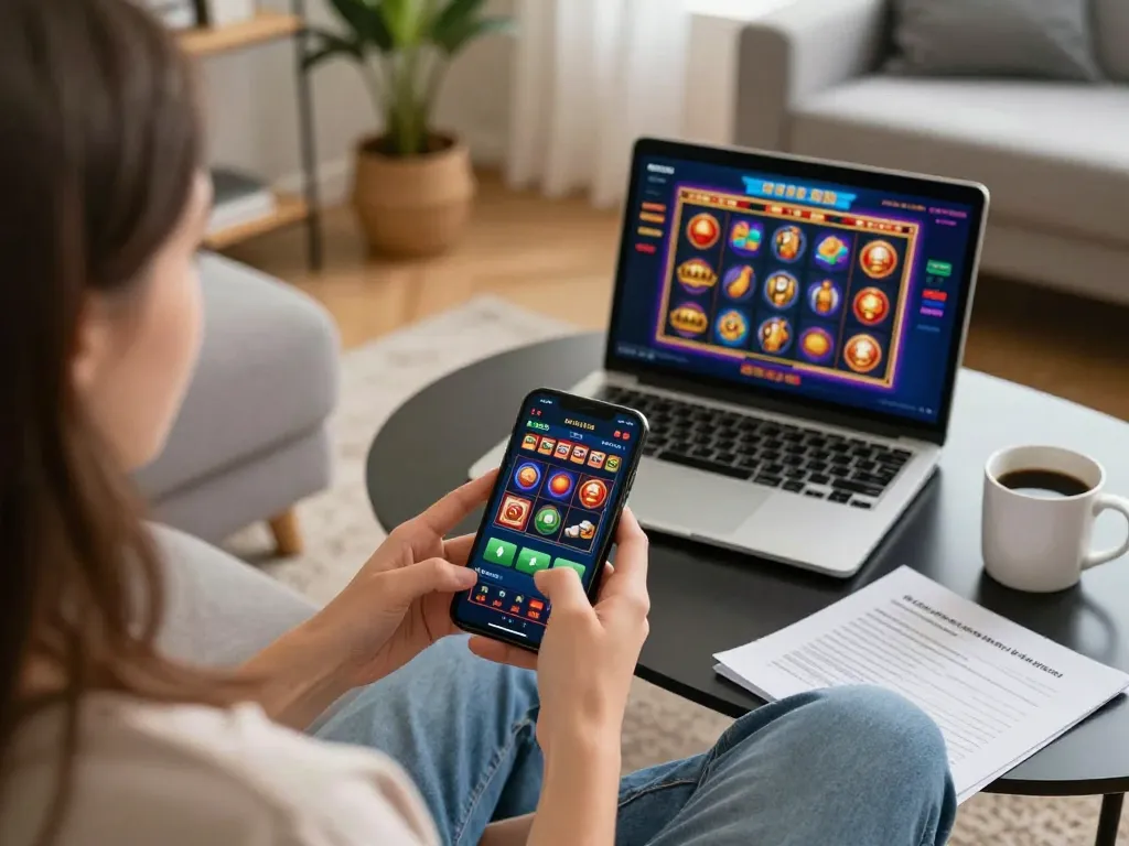Player enjoying online slot games on 888bgo app, highlighting home gaming atmosphere.
