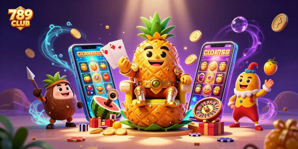 Experience the excitement of 789 CLUB with a vibrant 3D casino scene featuring a golden pineapple king and dynamic elements.
