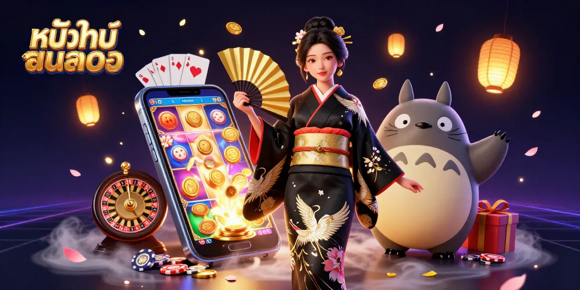Engage with หนังใหม่ชนโรง by exploring the dynamic casino illustration featuring slot games and captivating characters.