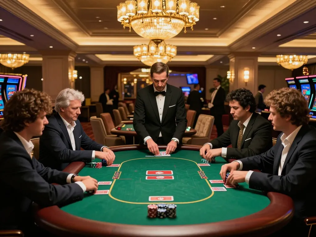 Experience strategic gameplay on https://7m.us.com/ in an upscale casino's VIP poker area with elegant ambiance.