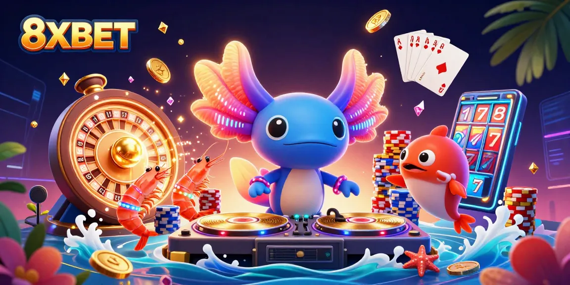 Experience vibrant 8XBET action with our dynamic underwater casino party illustration.