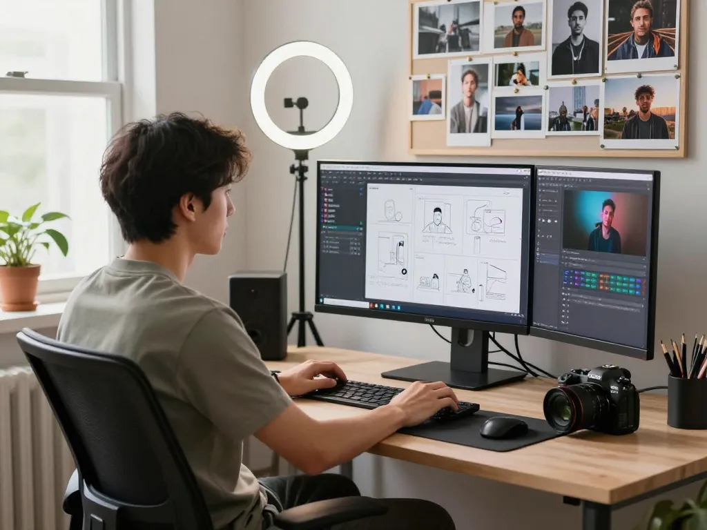 Filmmaker using Seedance AI to create dynamic videos in a modern workspace.