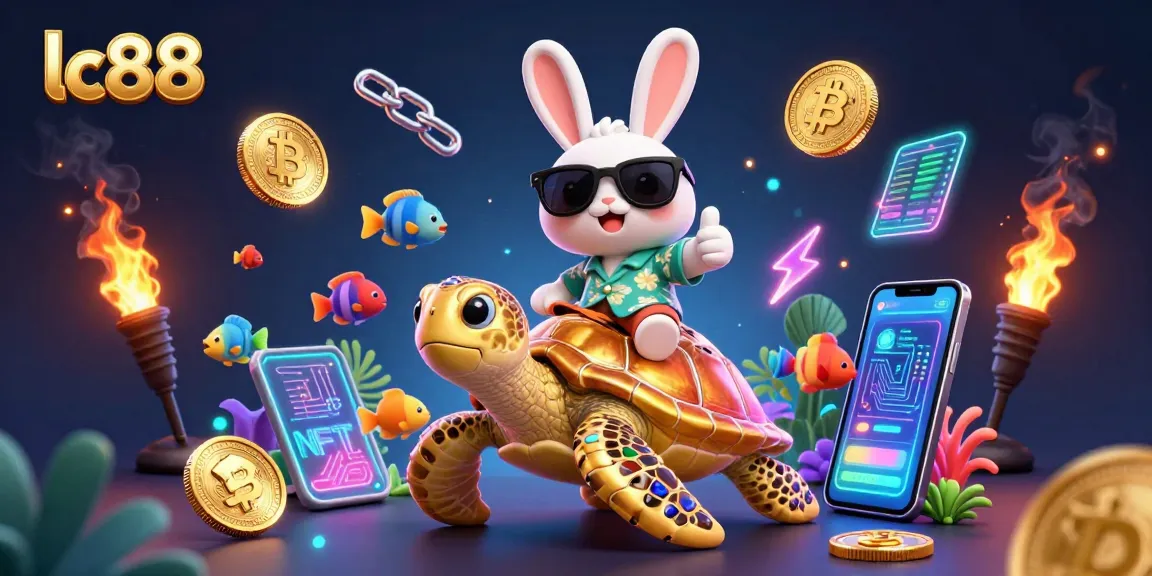 Experience the thrill of lc88 with a vibrant 3D scene featuring lucky rabbit and golden sea turtle amidst crypto coins.