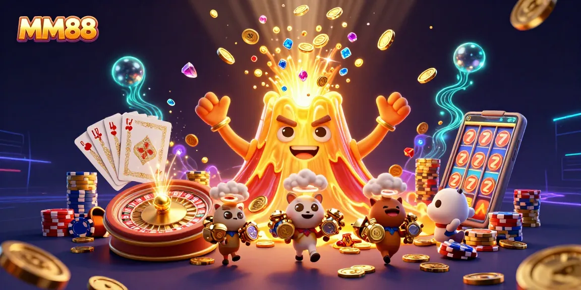 Experience the excitement of MM88 with dynamic casino elements and rich illustrations of treasure and gaming.