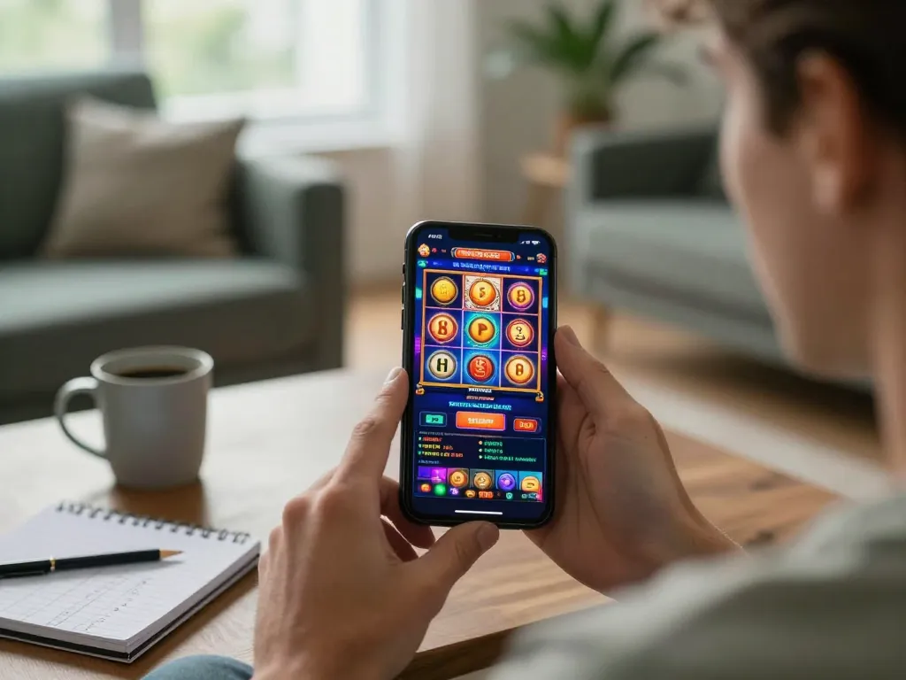 Engaged player using Sunwin mobile app in cozy living room, showcasing mobile gaming excitement.
