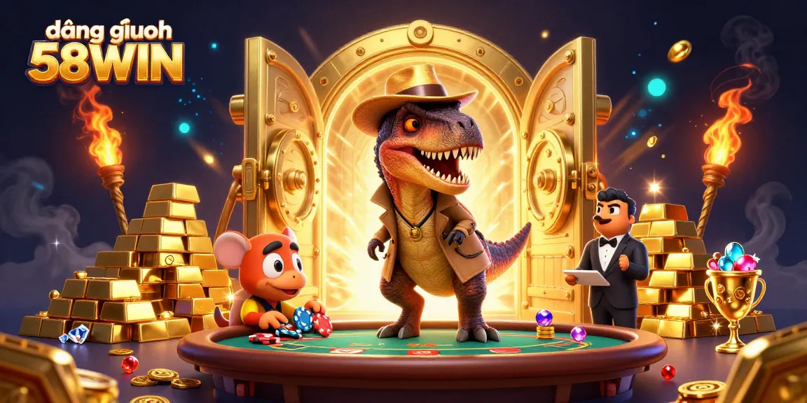 Engage in exciting gameplay with đăng nhập 58WIN, featuring a velociraptor and friends at a dynamic casino scene.