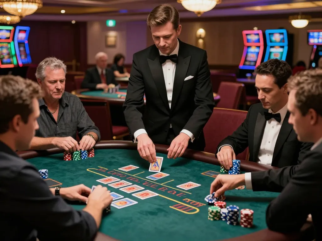 Players at a live dealer blackjack table strategizing their moves in an upscale casino.
