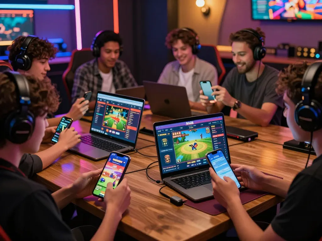 Players at DA88 engaging in online gaming with vibrant interfaces and lively atmosphere.