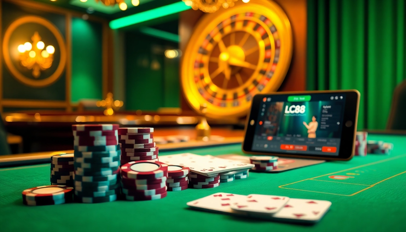 Experience the excitement of lc88 gem with a luxurious casino scene filled with poker chips and cards.