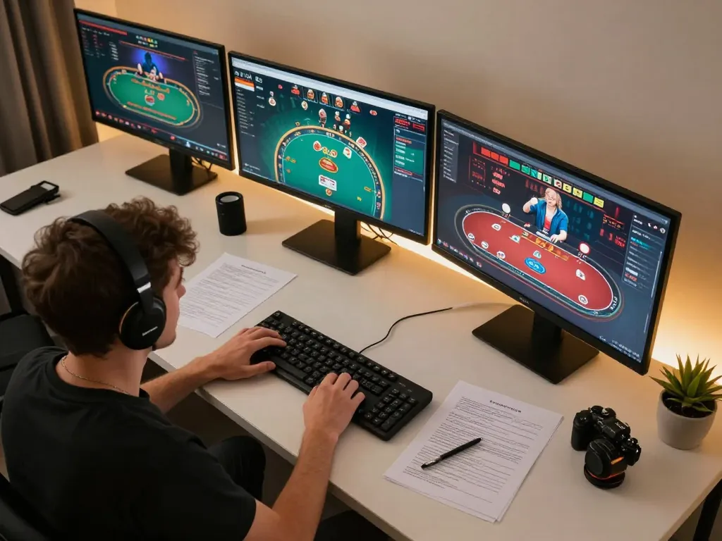 Engage in strategic gameplay at sungaitoto with a focused online gaming setup showcasing multiple casino game screens.