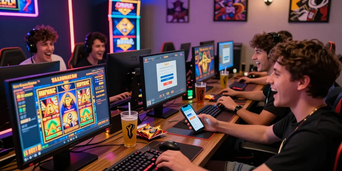 Super59 login dengan pemain bersemangat bermain slot online di lounge gaming.