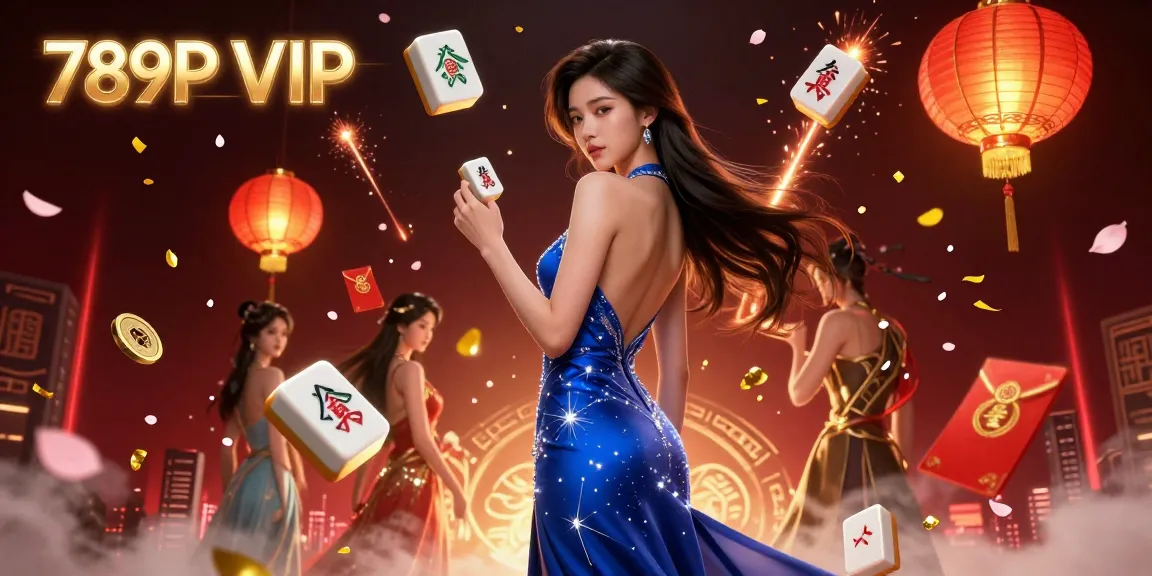 Engage with the vibrant 789P VIP casino world, featuring a stunning Asian woman in a blue gown surrounded by joy and winning elements.