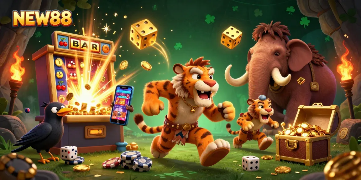 NEW88 casino adventure featuring a caveman and tiger duo celebrating a jackpot win amidst vibrant gaming elements.