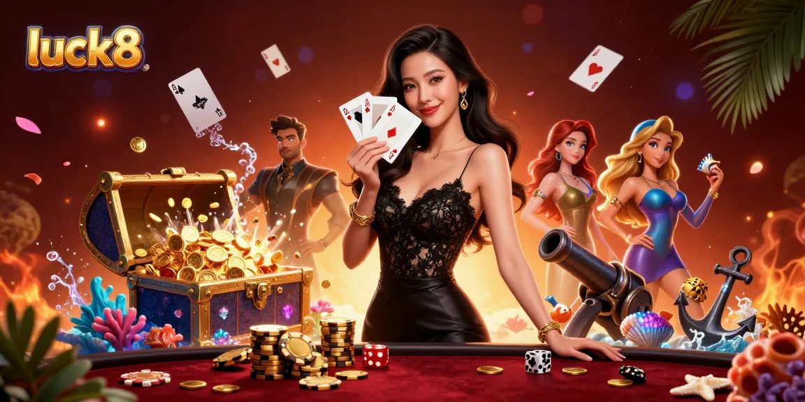 Experience luck8's thrilling casino atmosphere with an elegant woman holding playing cards in a vibrant setting.