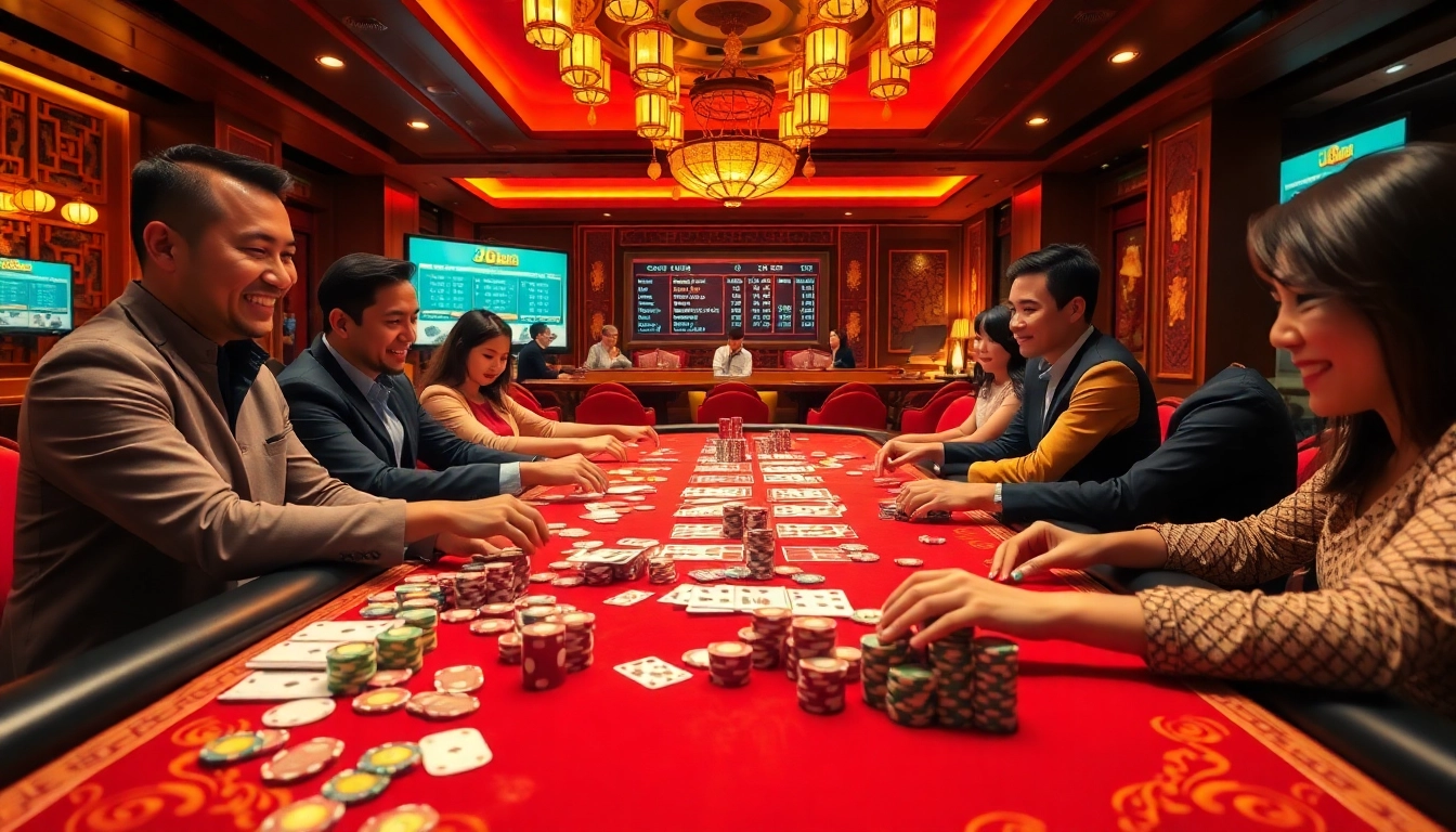 Xóc đĩa online dễ rút tiền at a vibrant casino game table with excited players.