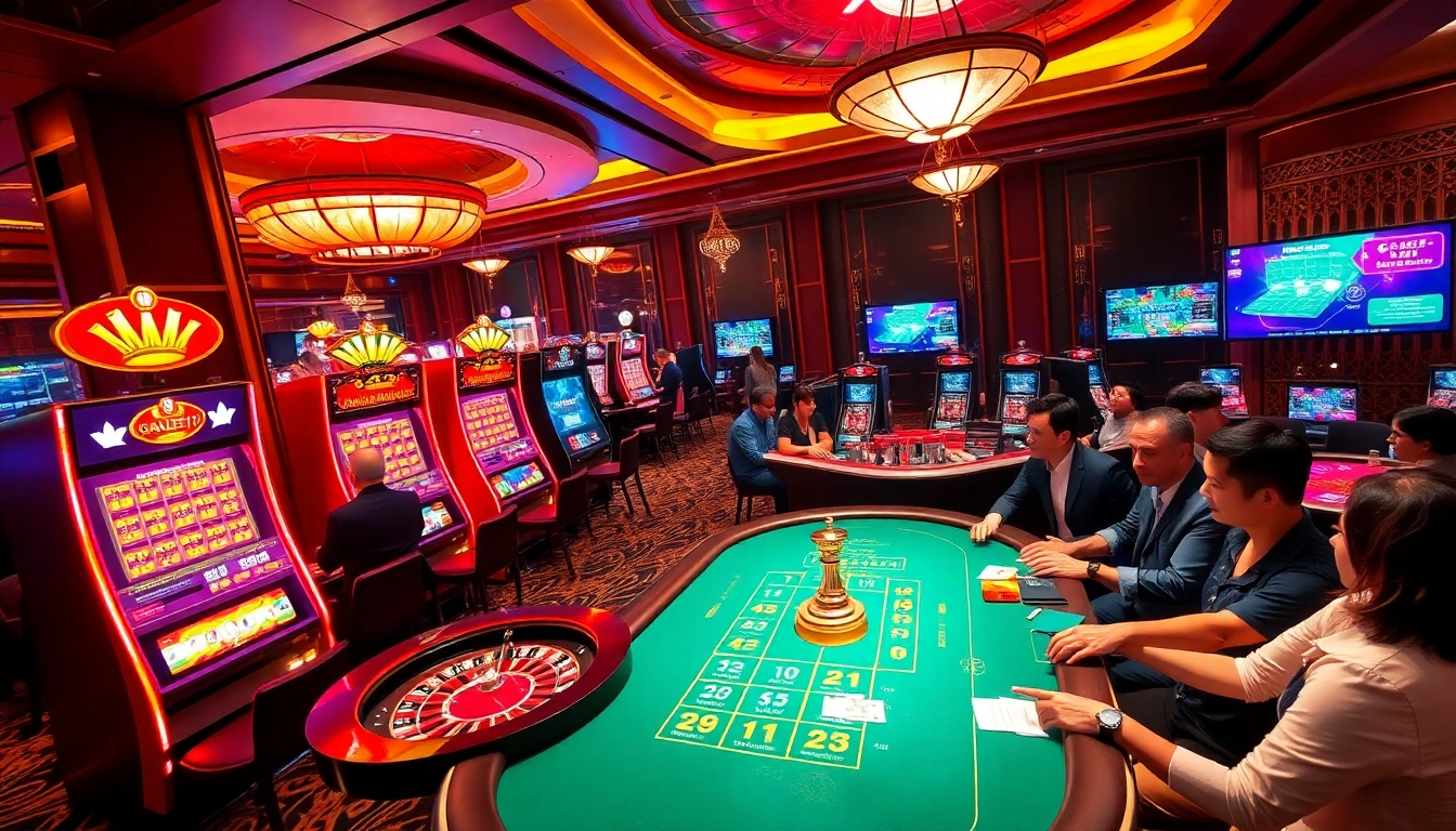 Excited players at a luxurious casino table while betting on nk88 games.