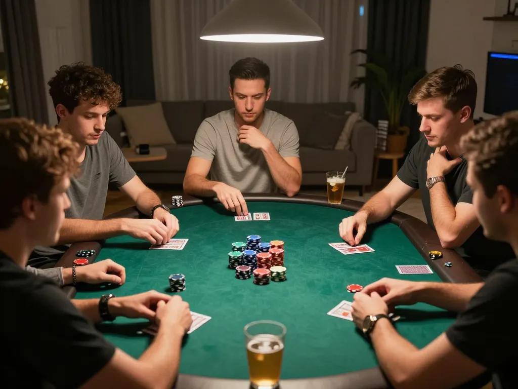 Friends strategizing and playing poker at home while using 78wingo in a cozy atmosphere