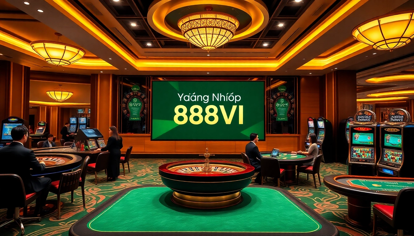 Engaging scene showcasing the complexities of Đăng Nhập 888VI at a luxury casino, featuring vibrant gaming interfaces.