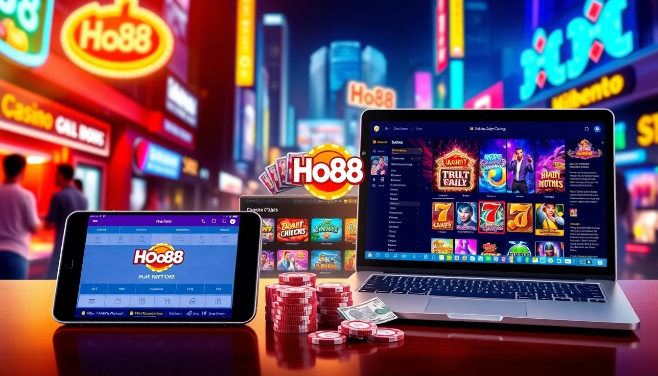 Ho88 online betting platform showcasing vibrant games on modern devices in an urban nightlife setting.