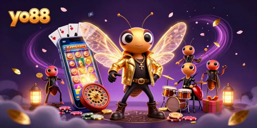 Engage in yo88's exciting casino action with a dynamic 3D illustration featuring rock star characters.
