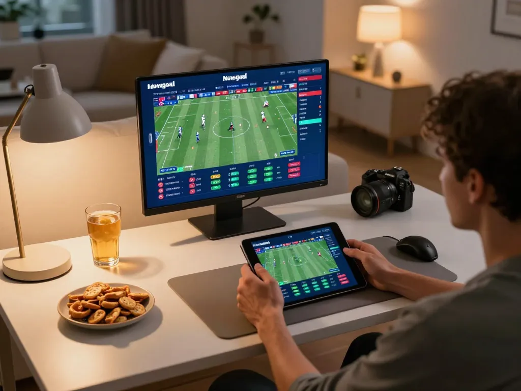 Track real-time match updates with nowgoal on a tablet in a cozy home sports betting setup.