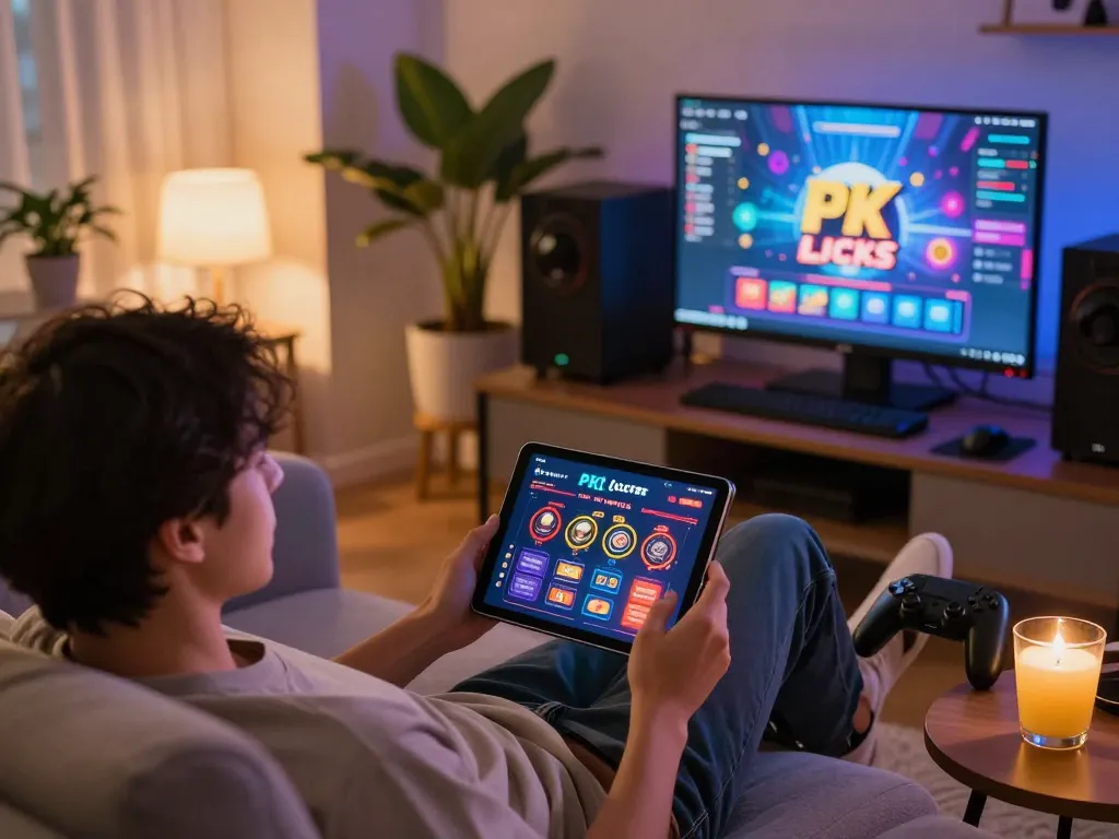Engaging in online gaming with new pk luck on a tablet in a cozy home setting.