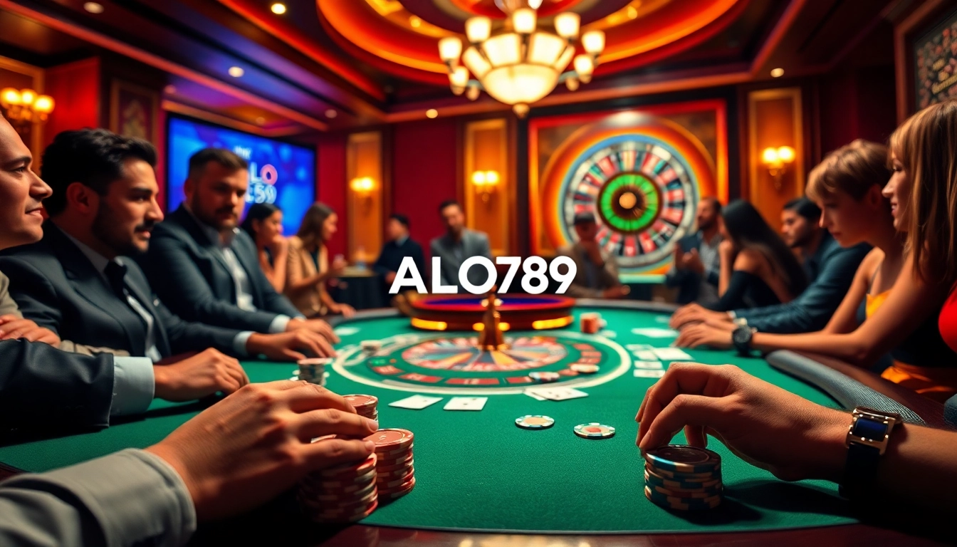 Players engaging at a high-stakes table representing ALO789, surrounded by poker chips and cards.