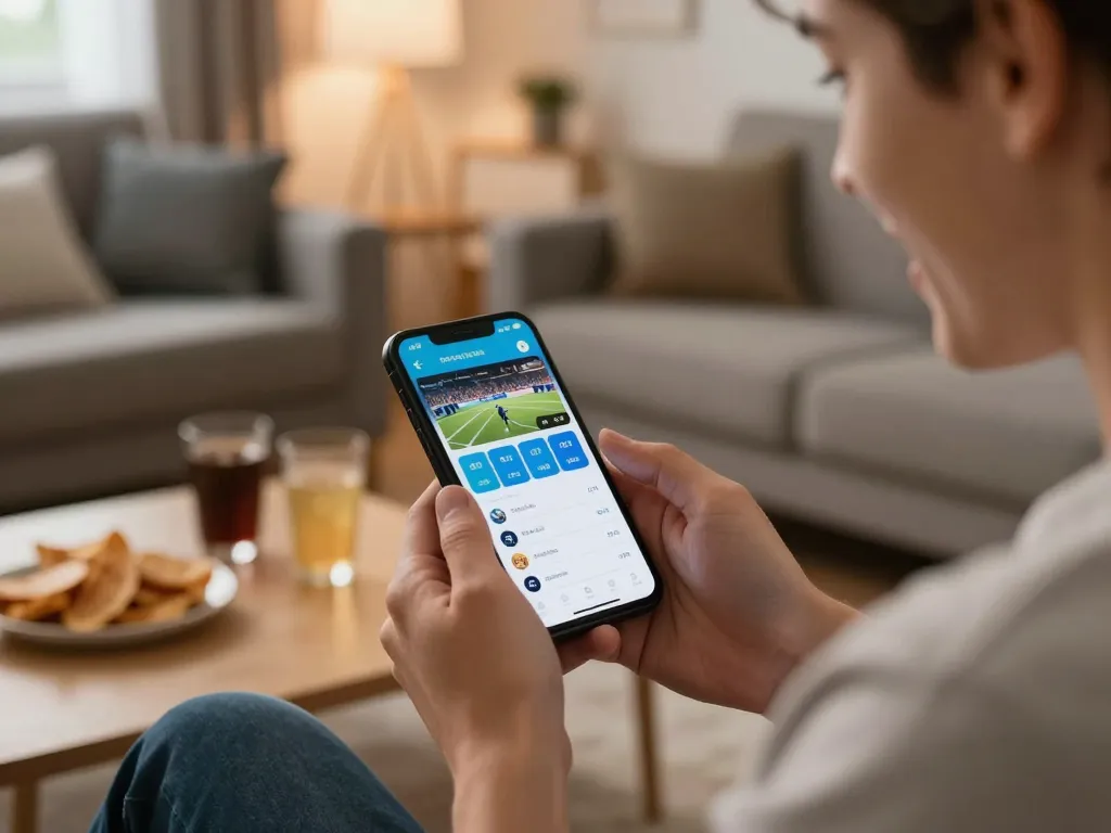 Engaging in sports betting on a smartphone using debet app, highlighting strategic gameplay.