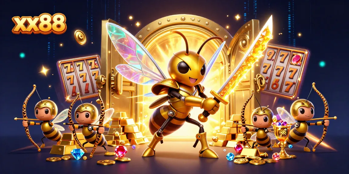 Engage with xx88's vibrant casino world, featuring gambling elements amidst a golden treasure scene.