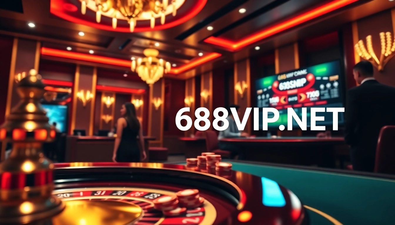 A thrilling gambling experience at 678VIP NET featuring a vibrant roulette wheel and poker chips in an elegant virtual casino.